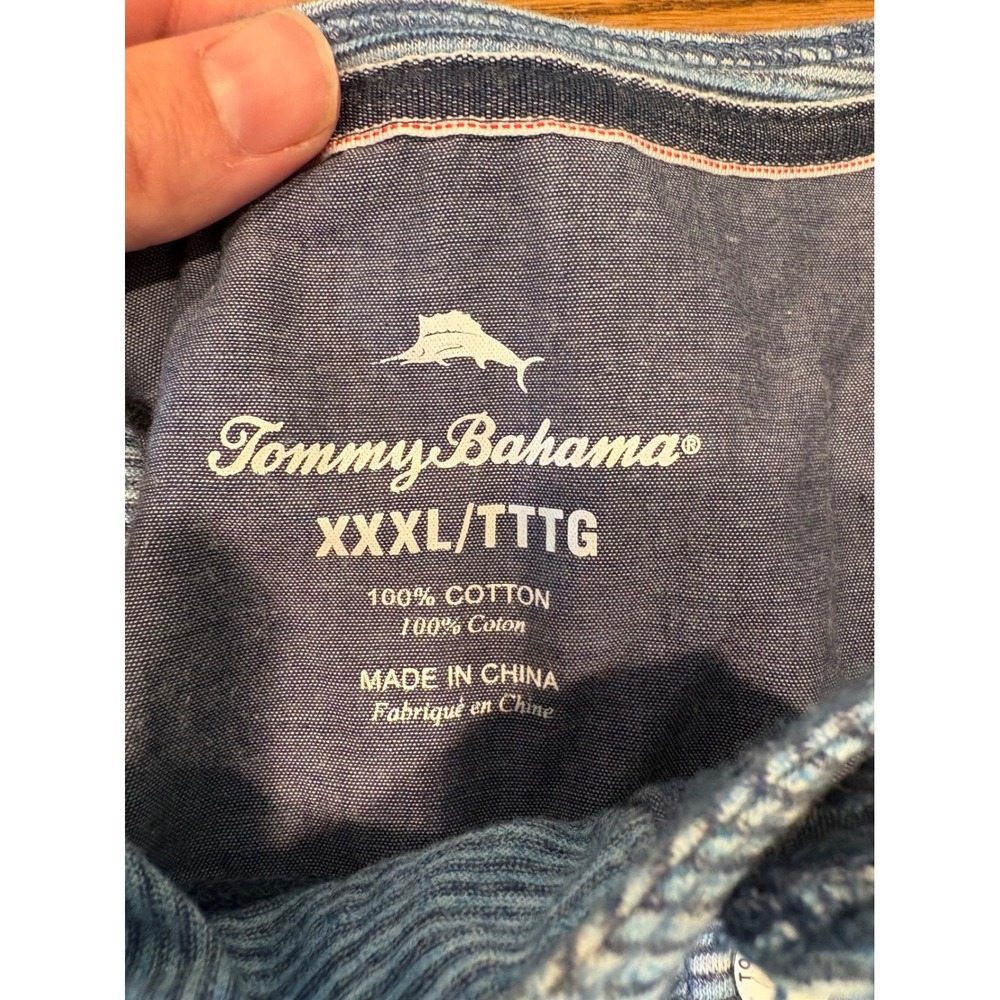 Tommy Bahama Mens 3XL Blue Striped Long Sleeve Henley Cotton Pocket Shirt TTTG